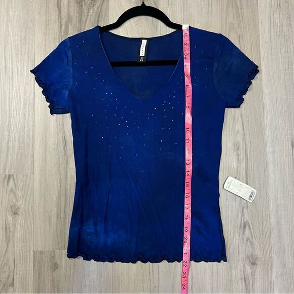 NWT vintage y2k forever 21 v neck top in stretch mesh with blue rhinestones sz L - Picture 11 of 12
